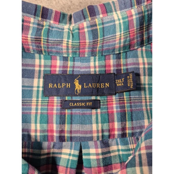 Polo Ralph Lauren Mens 3XLT Performance Oxford Shirt Teal Pink Plaid Flesh Pony - Picture 2 of 7